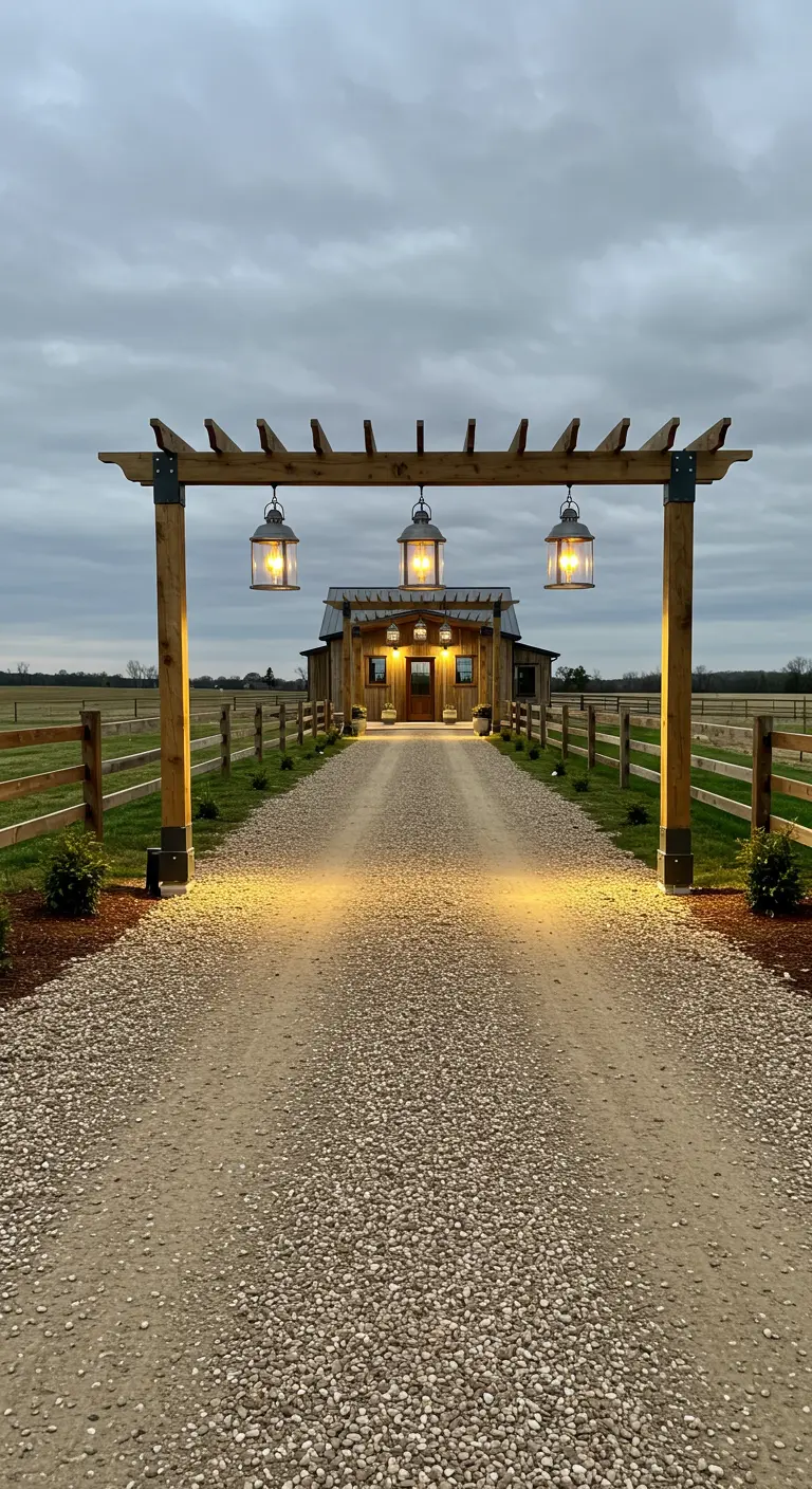 Chemin de gravier menant à une ferme, avec une pergola en bois et des lampions rustiques suspendus.
