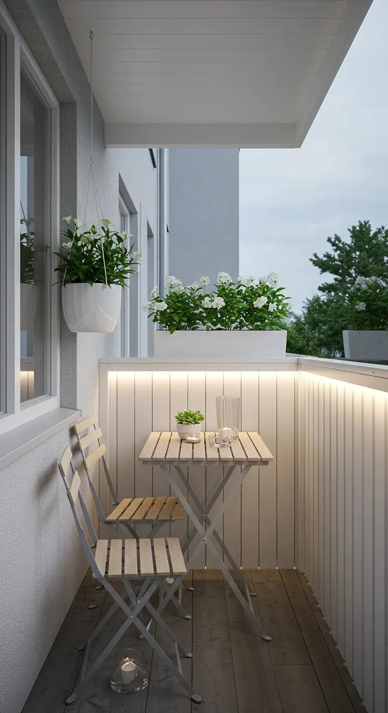 Balcon scandinave minimaliste avec jardinières blanches suspendues et éclairage LED