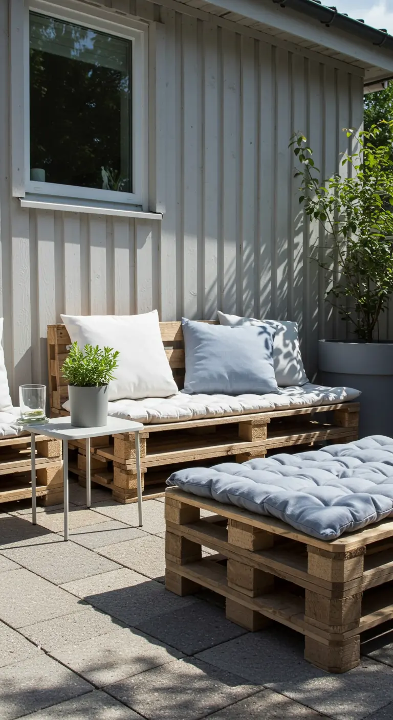 Salon en palettes claires avec coussins blancs et bleus, sur une terrasse lumineuse et minimaliste.