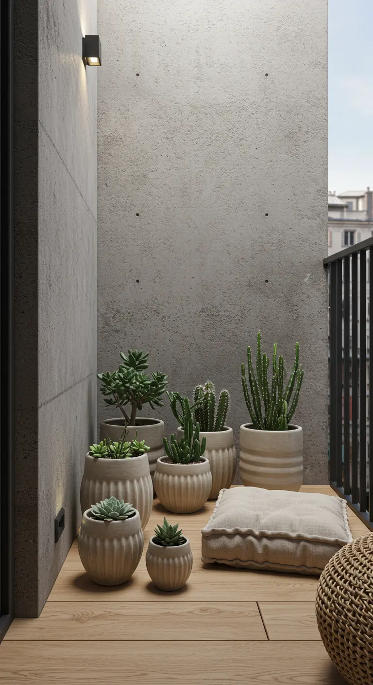Balcon minimaliste avec mur en béton, pots texturés neutres, succulentes et coussin de sol.