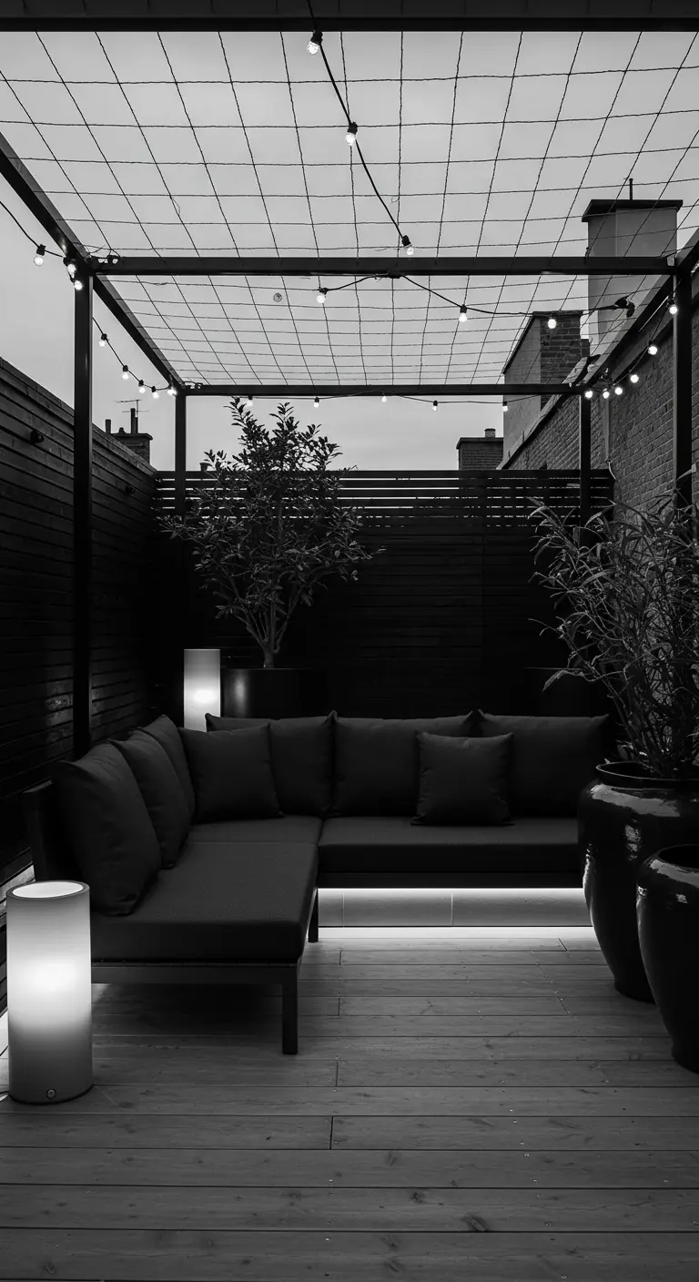 Terrasse monochrome avec mobilier noir, plantes graphiques, lumières LED intégrées et lampes colonne.
