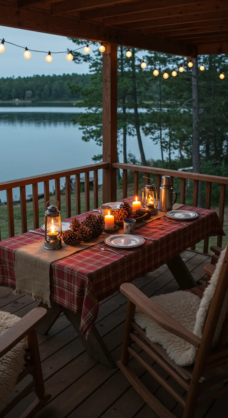 Table dressée sur un balcon avec vue sur lac, nappe à carreaux, pommes de pin et lanternes décoratives.