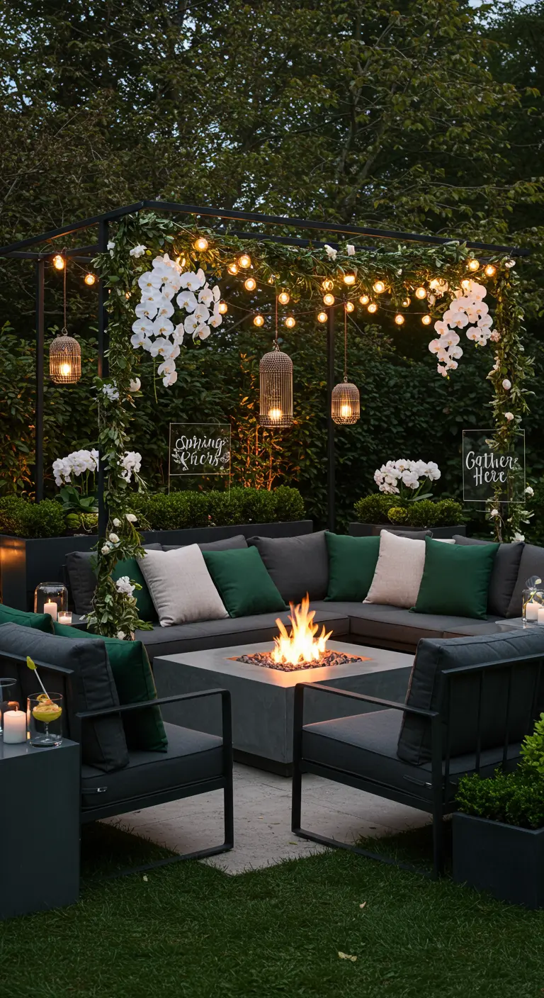 Coin lounge extérieur moderne avec canapés gris et verts, foyer central, pergola fleurie et guirlandes lumineuses.