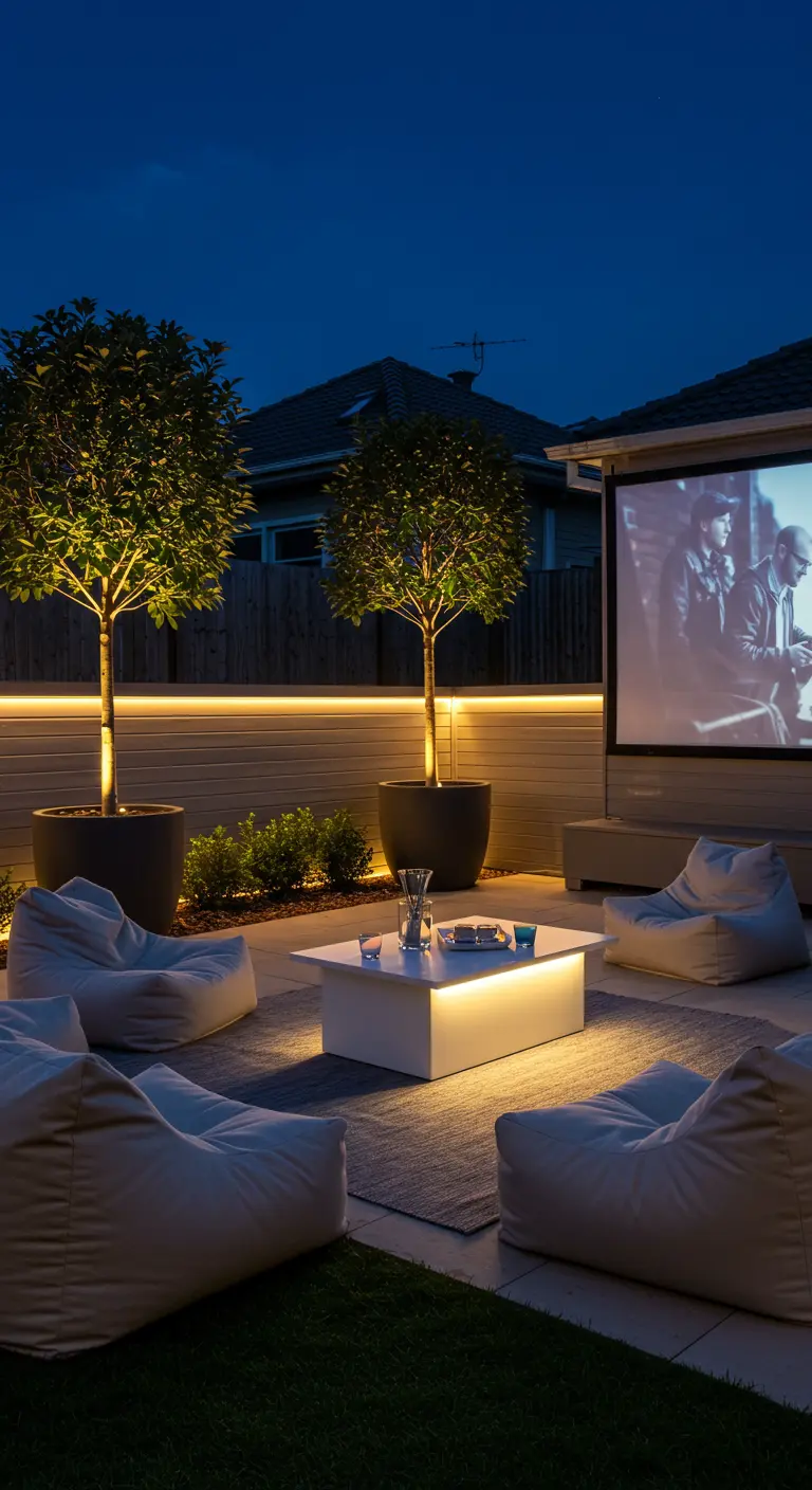 Terrasse avec écran de projection, poufs, table basse lumineuse et éclairage LED mural indirect.