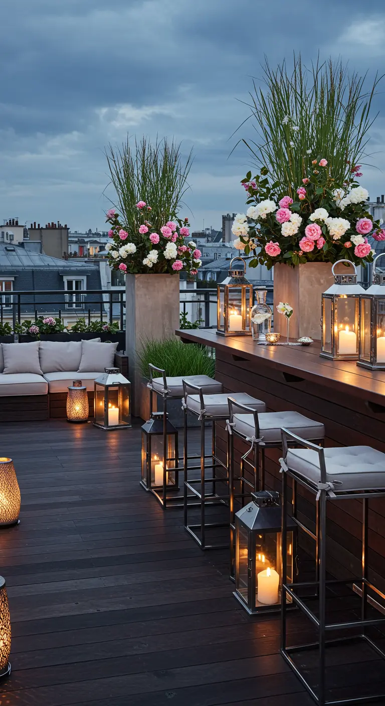 Grande terrasse avec bar, tabourets, canapé, grands pots de roses et herbes, et lanternes éclairées.