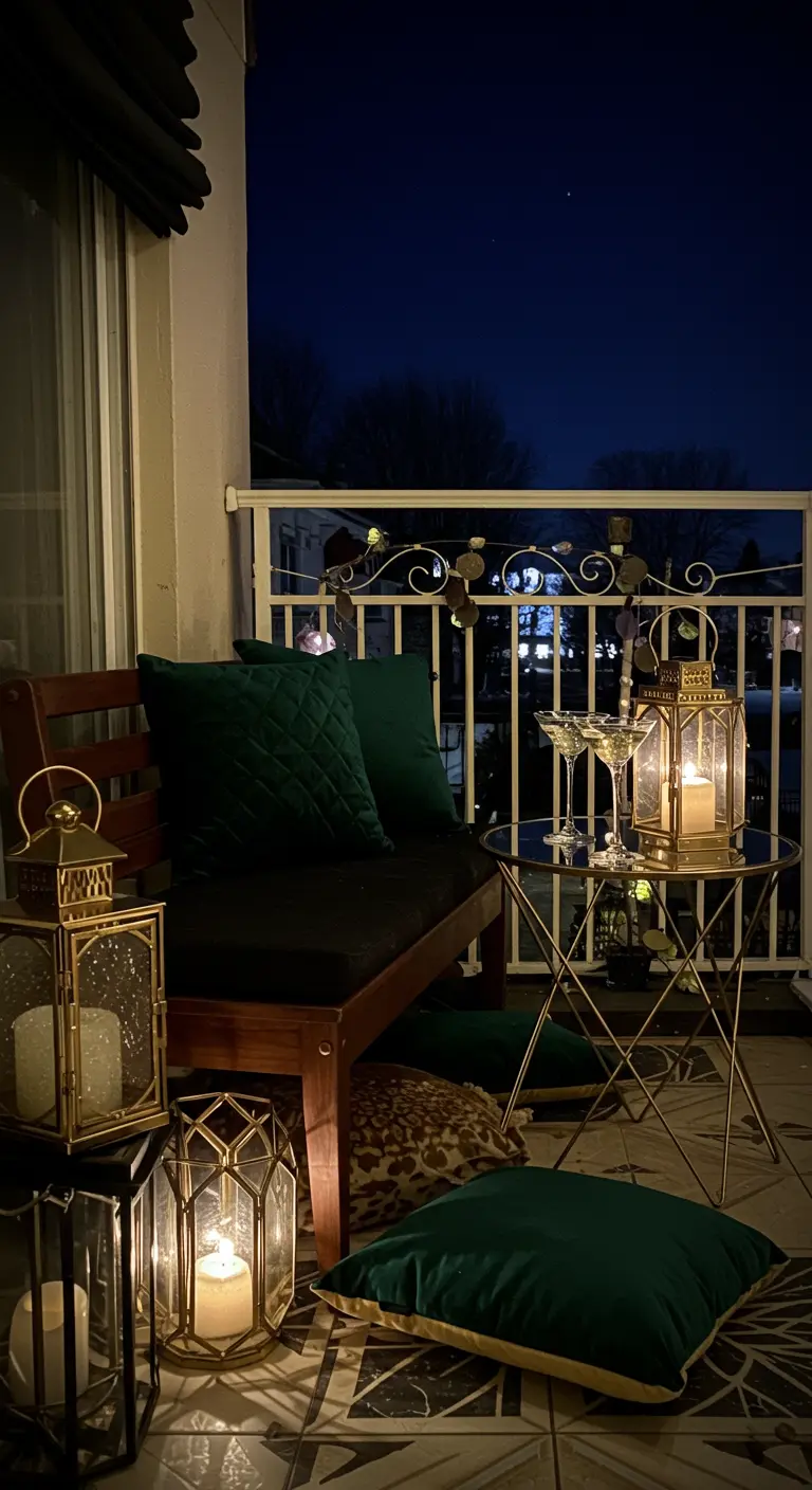 Balcon élégant de soirée avec banquette sombre, coussins velours émeraude et lanternes dorées.