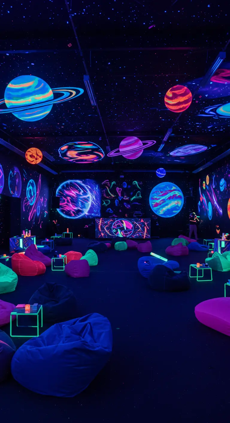 Salle obscure décorée de néons fluorescents, planètes et motifs galaxie, avec poufs et tables lumineuses.
