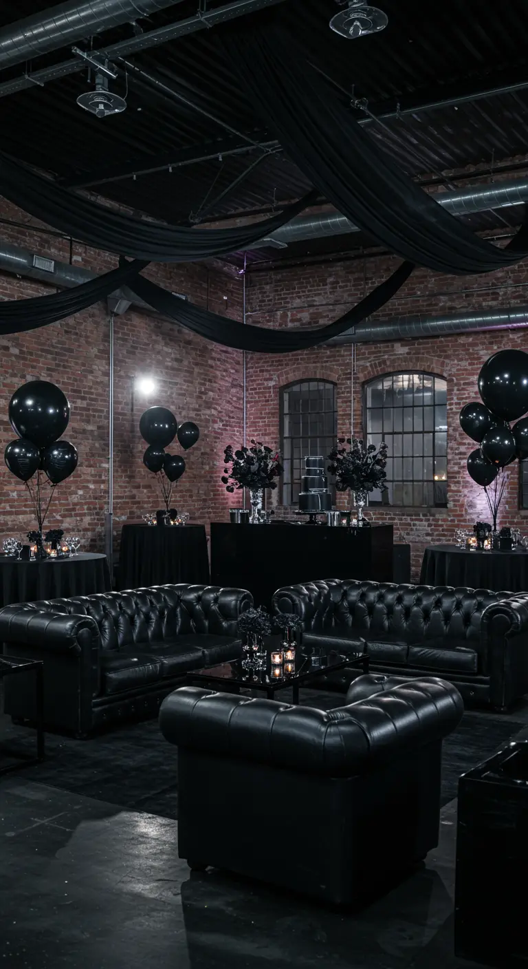 Salon de fête noir monochrome dans un espace industriel avec canapés en cuir et ballons.