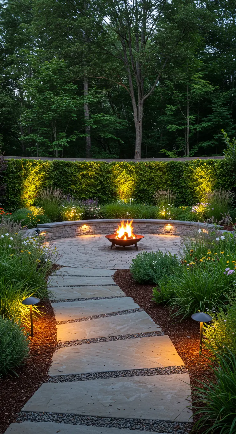 Patio circulaire avec brasero, chemin en pas japonais, éclairage de sol et verdure luxuriante.