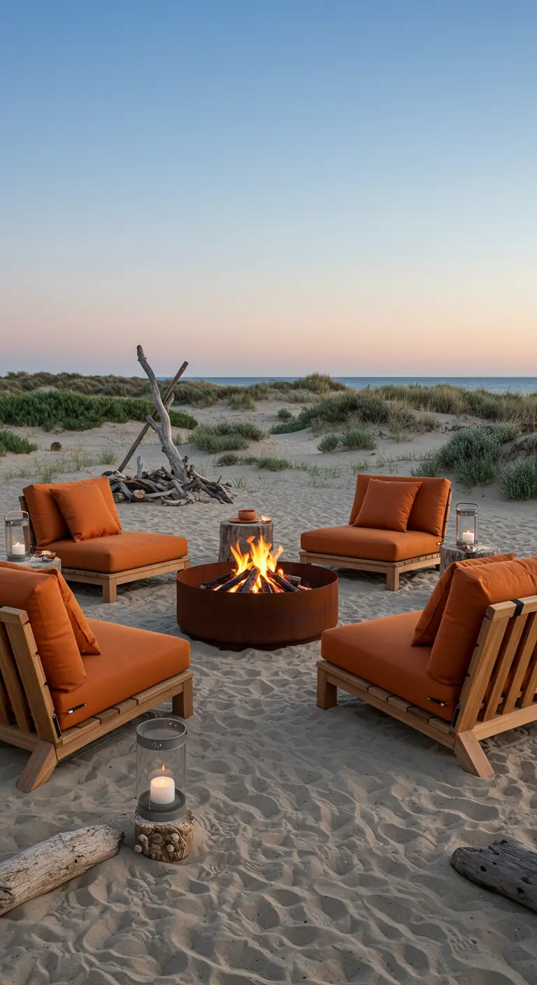 Salon de plage avec fauteuils orange, brasero central, lanternes et bois flotté sur le sable.