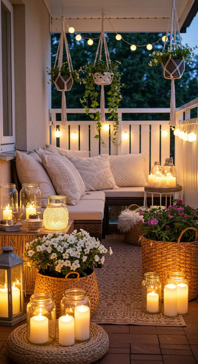 Balcon de soirée avec canapé, bougies en bocaux et guirlandes lumineuses.