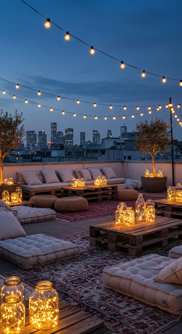 Grande terrasse de toit en ville avec des guirlandes lumineuses, des bocaux lumineux et des meubles bas pour un salon extérieur.