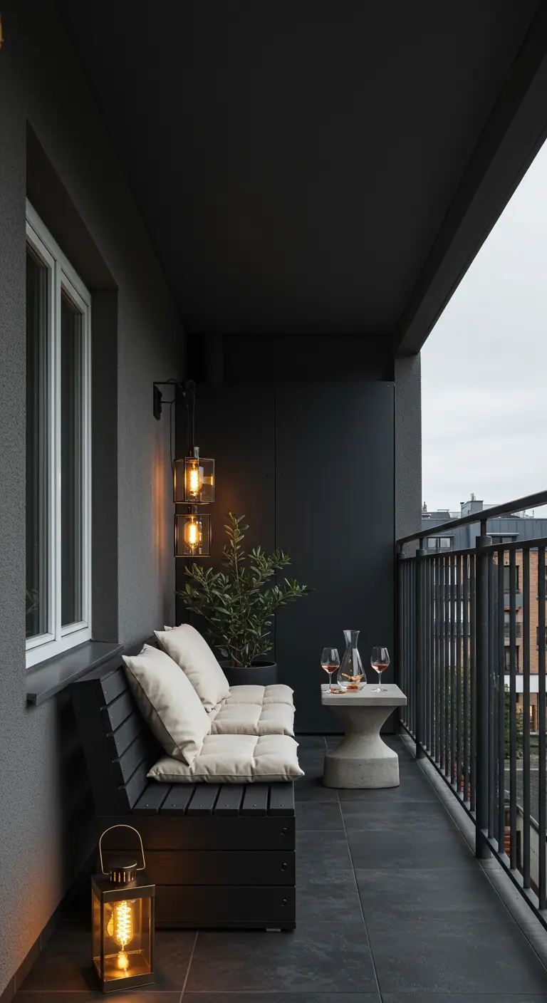 Balcon chic et sombre avec banquette noire, coussins blancs, éclairage mural et lanterne au sol.