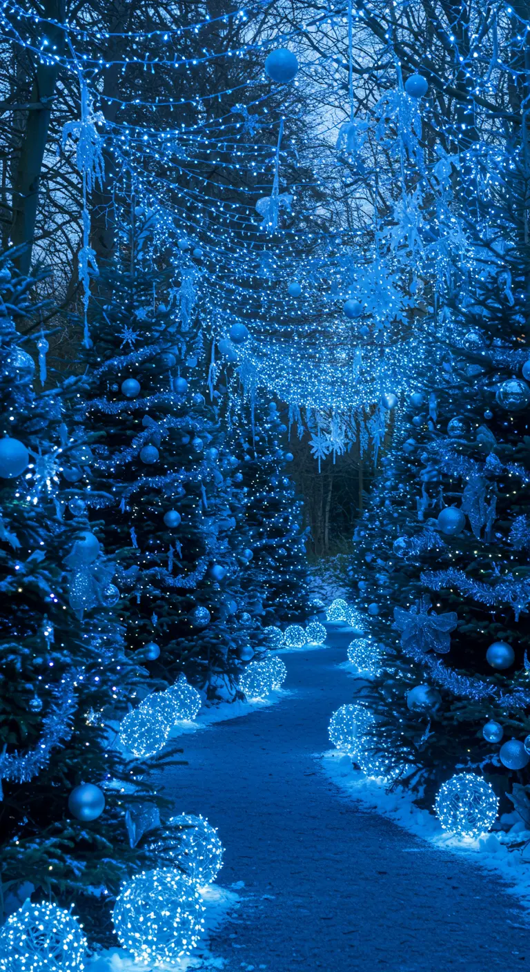 Allée enneigée dans un jardin d'hiver illuminé de lumières bleues, boules et stalactites.