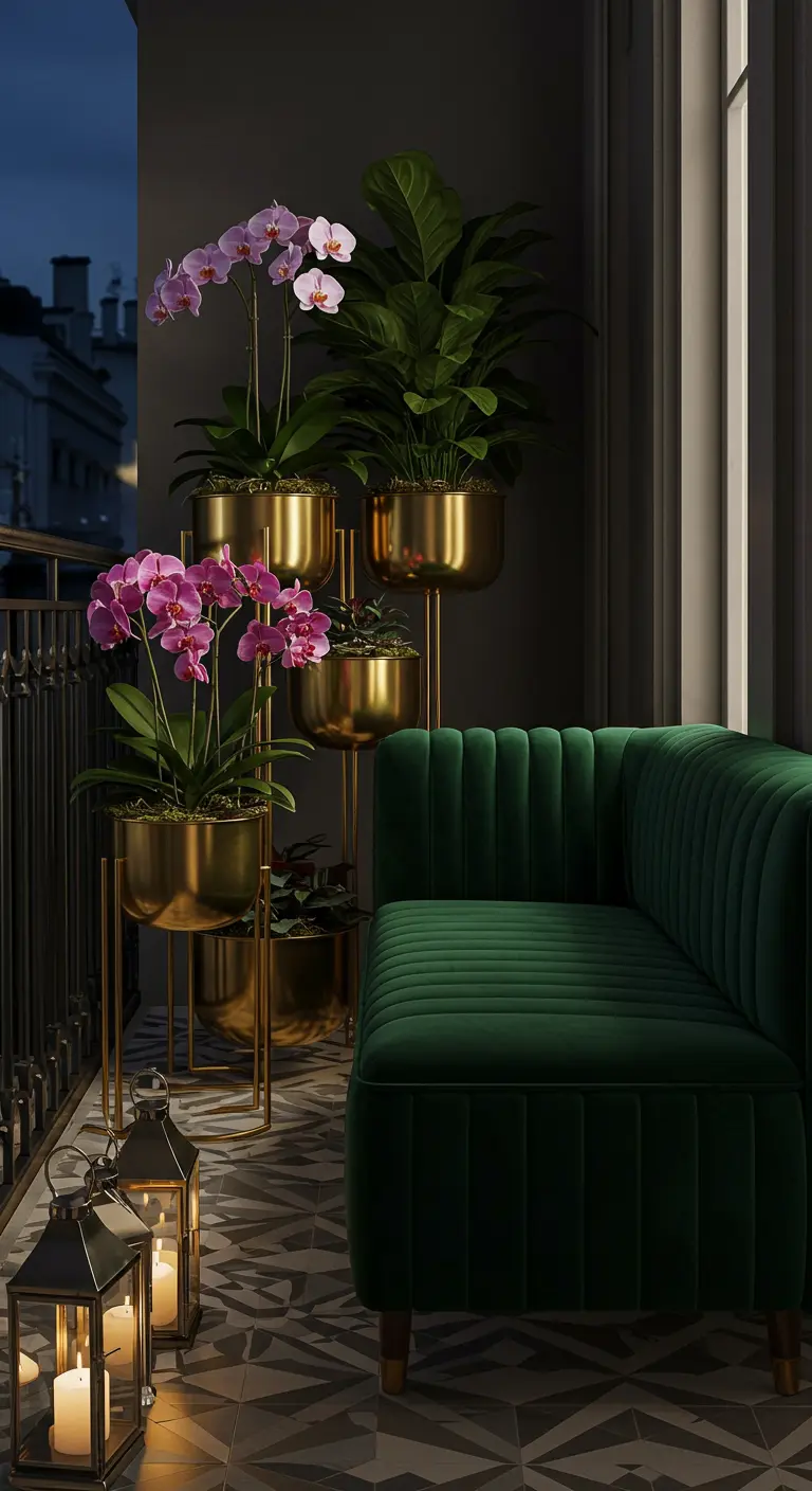 Balcon luxueux avec pots dorés, orchidées et canapé en velours vert.