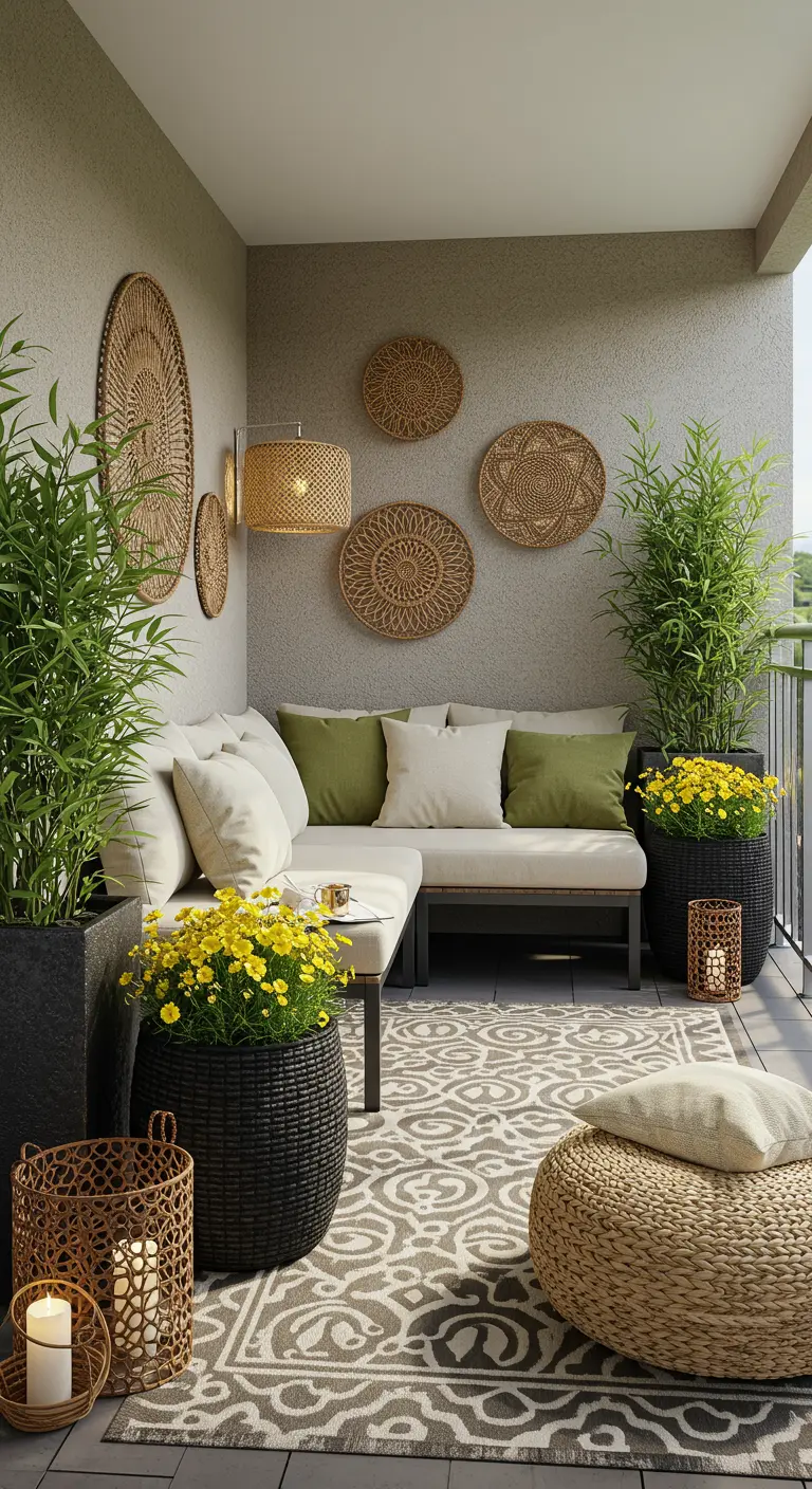 Balcon moderne avec canapé d'angle, décor mural tressé et grandes plantes.
