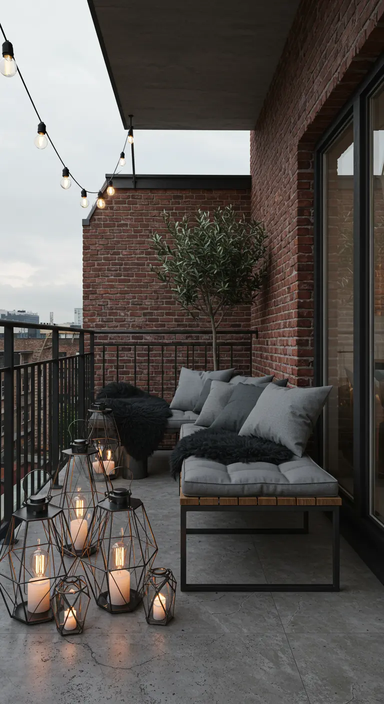 Balcon moderne gris avec banc en bois, coussins gris, olivier et lanternes géométriques.