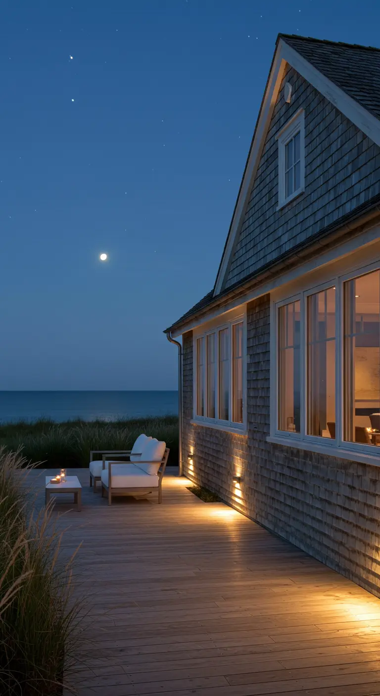Maison côtière en bois avec une terrasse et des appliques murales subtiles, vue sur la mer la nuit.