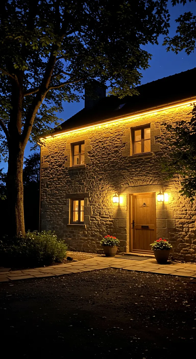 Maison en pierre avec ruban LED sous le toit et appliques murales éclairant l'entrée la nuit.