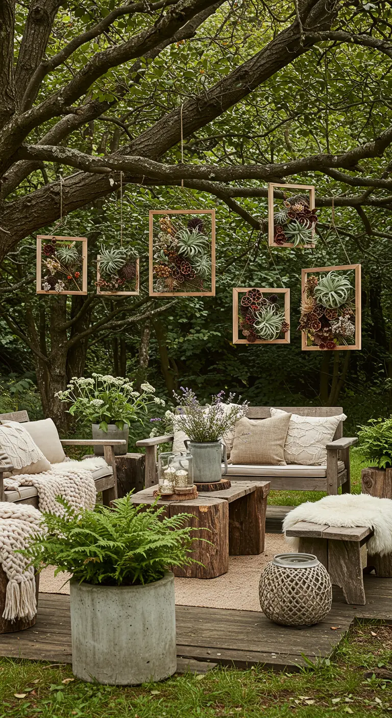 Salon de jardin rustique en forêt, mobilier en bois brut, cadres floraux suspendus.