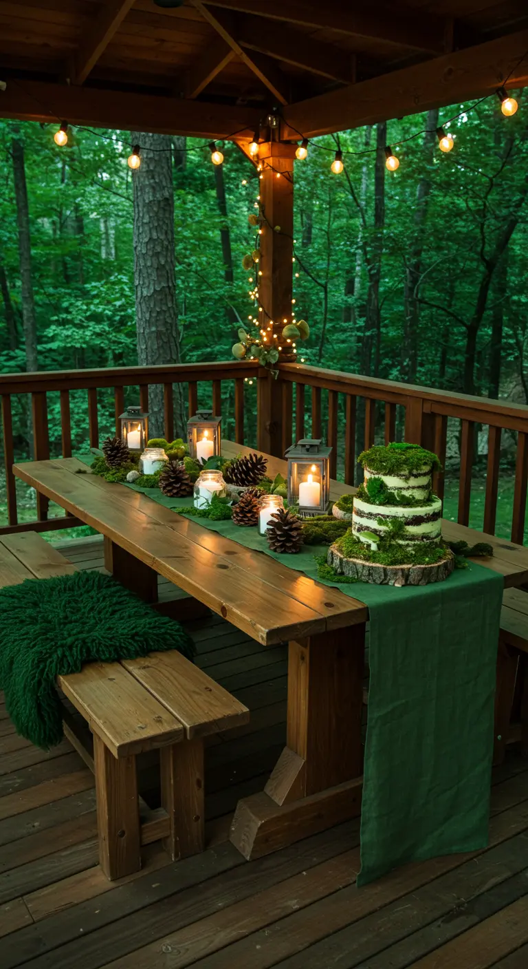 Table extérieure en bois avec décorations vertes, pommes de pin, lanternes et gâteau couvert de mousse.