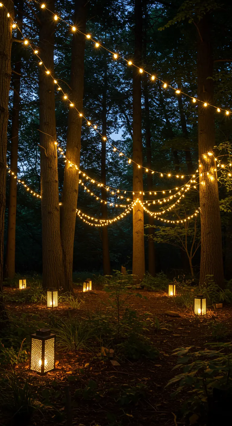 Zone boisée éclairée par des guirlandes lumineuses suspendues entre les arbres et des lanternes solaires au sol.