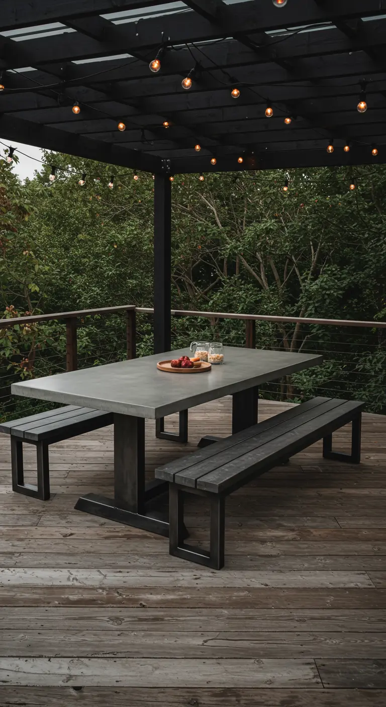 Table en béton et bancs en acier sous une pergola en bois avec guirlandes lumineuses.