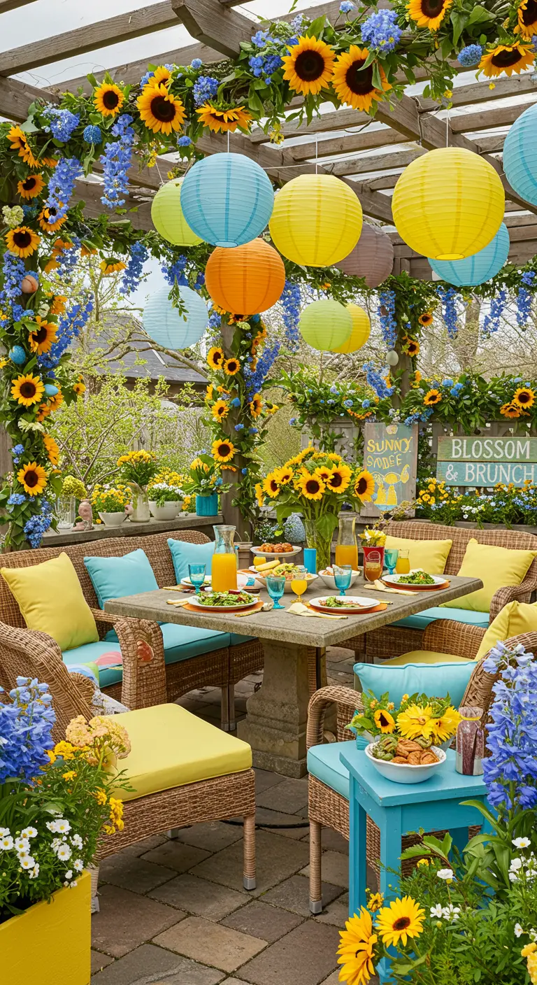 Coin repas en osier sous pergola décorée de tournesols, delphiniums et lampions colorés.