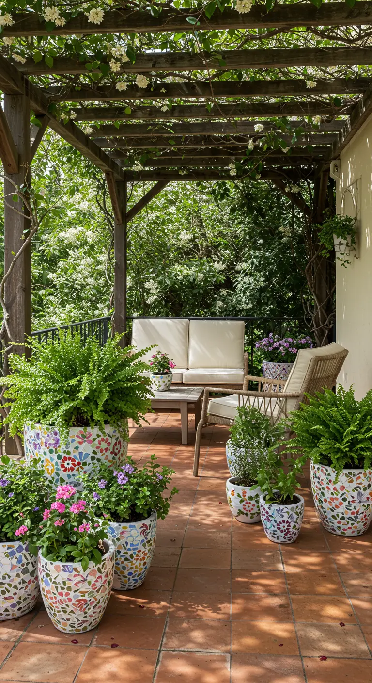 Patio couvert avec pergola en bois, fougères et plantes fleuries dans des pots mosaïque colorés et blancs.
