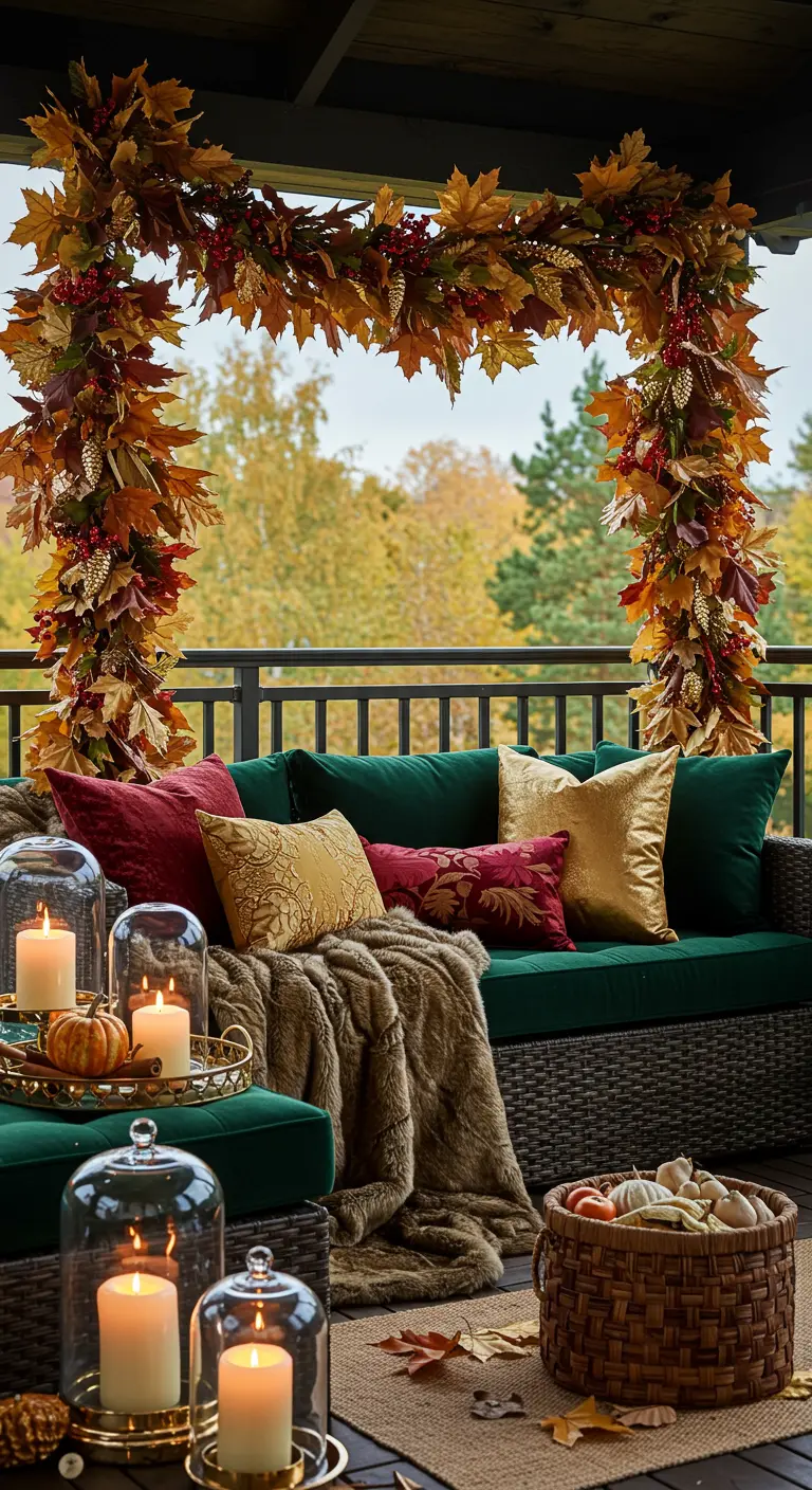 Terrasse lounge avec canapé d'angle vert, coussins colorés, plaid fourrure, bougies sous cloche, pergola décorée.