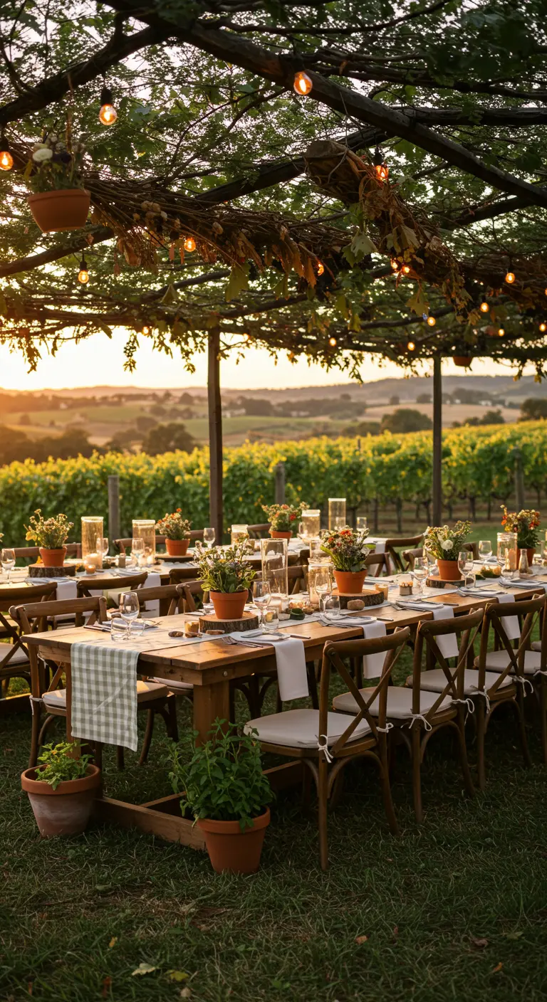 Table dressée sous une pergola dans un vignoble, avec guirlandes lumineuses et plantes en pot.