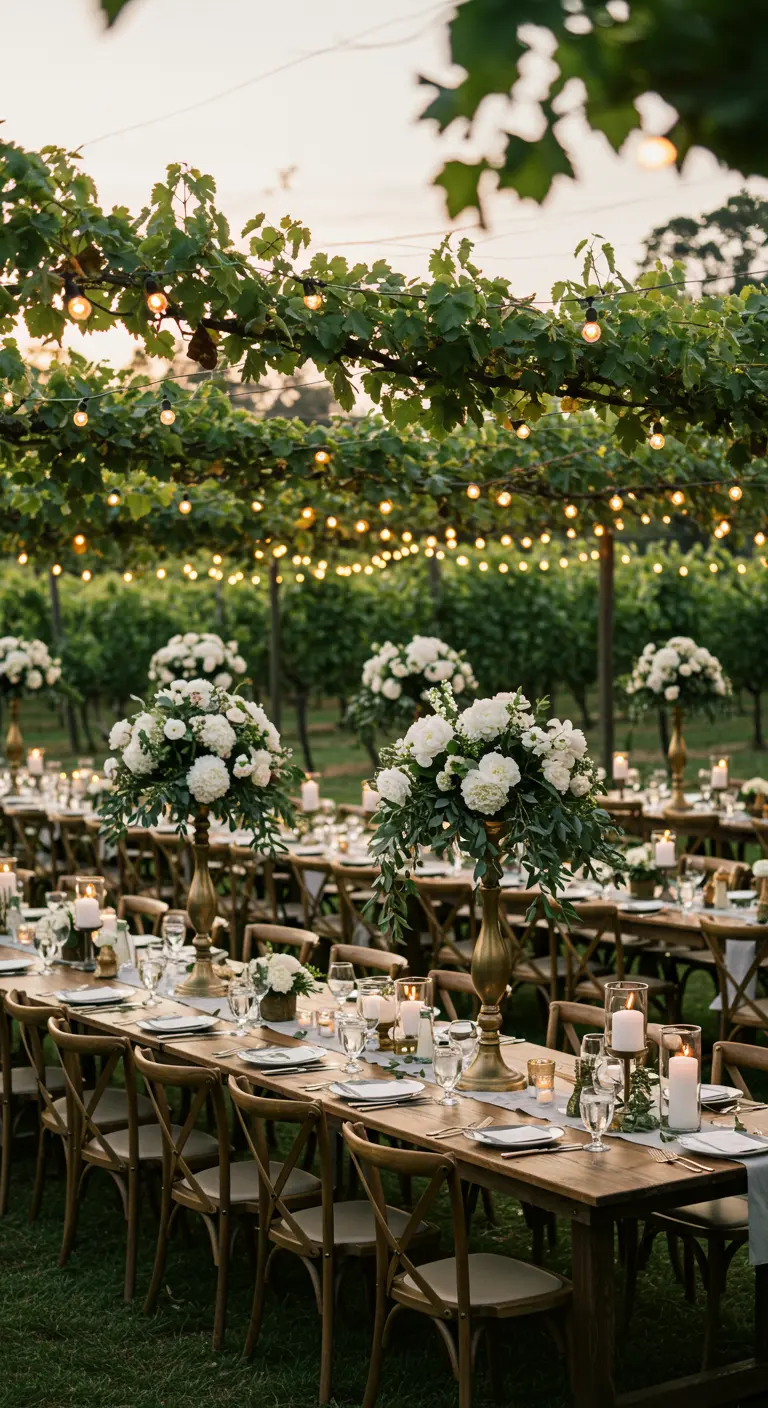 Tables en bois brut sous une treille de vigne illuminée, avec des centres de table de fleurs blanches sur supports dorés.