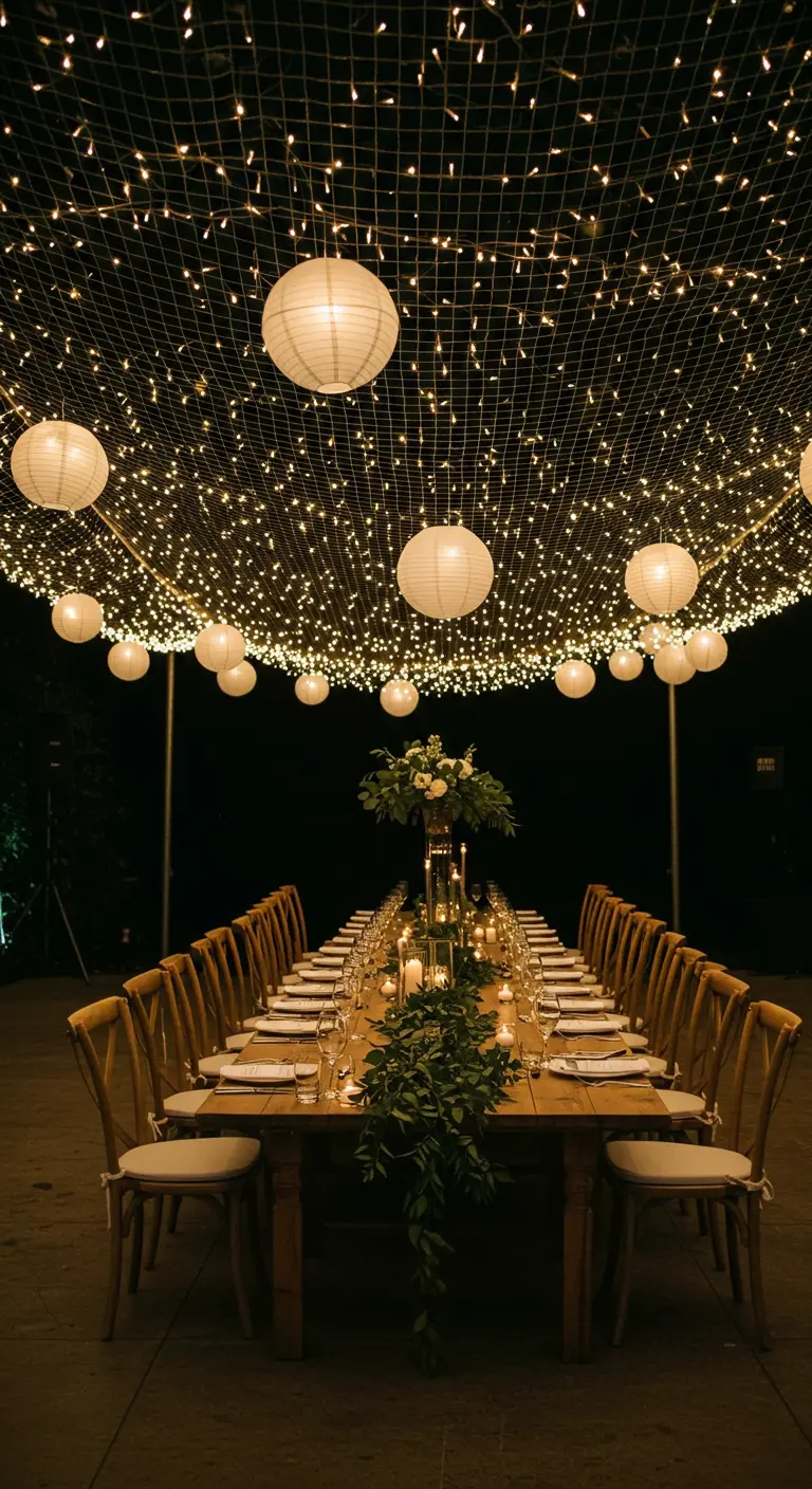 Longue table de banquet sous un ciel de guirlandes et lampions blancs, décorée de verdure.