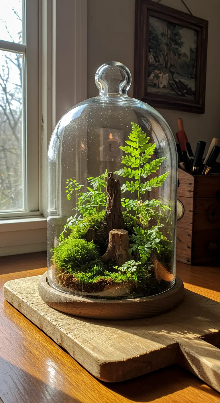 Terrarium sous cloche avec fougères, mousse, et petits morceaux de bois, évoquant un sous-bois miniature.
