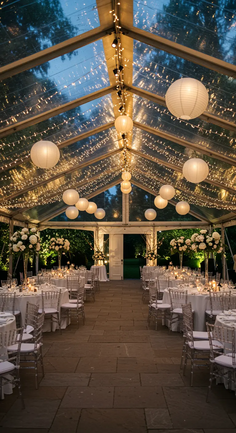 Grande tente transparente illuminée par des guirlandes et des lampions blancs, tables de réception dressées.