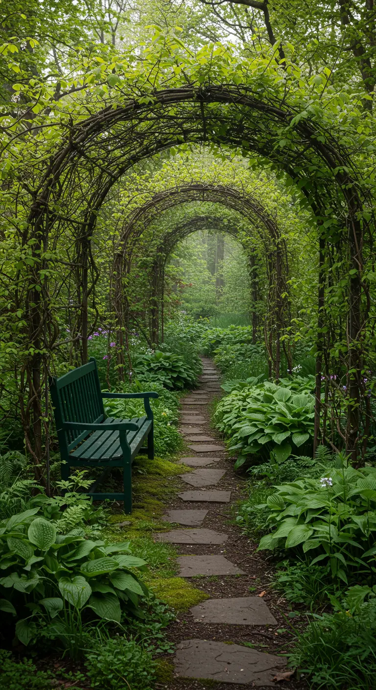 Allée pavée traversant des arches de verdure dense, bordée de hostas luxuriants et un banc vert.