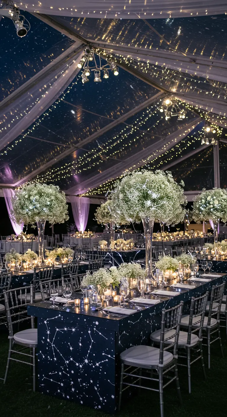 Tente transparente illuminée par des guirlandes, avec des tables rondes et des centres de table hauts de gypsophile blanc.