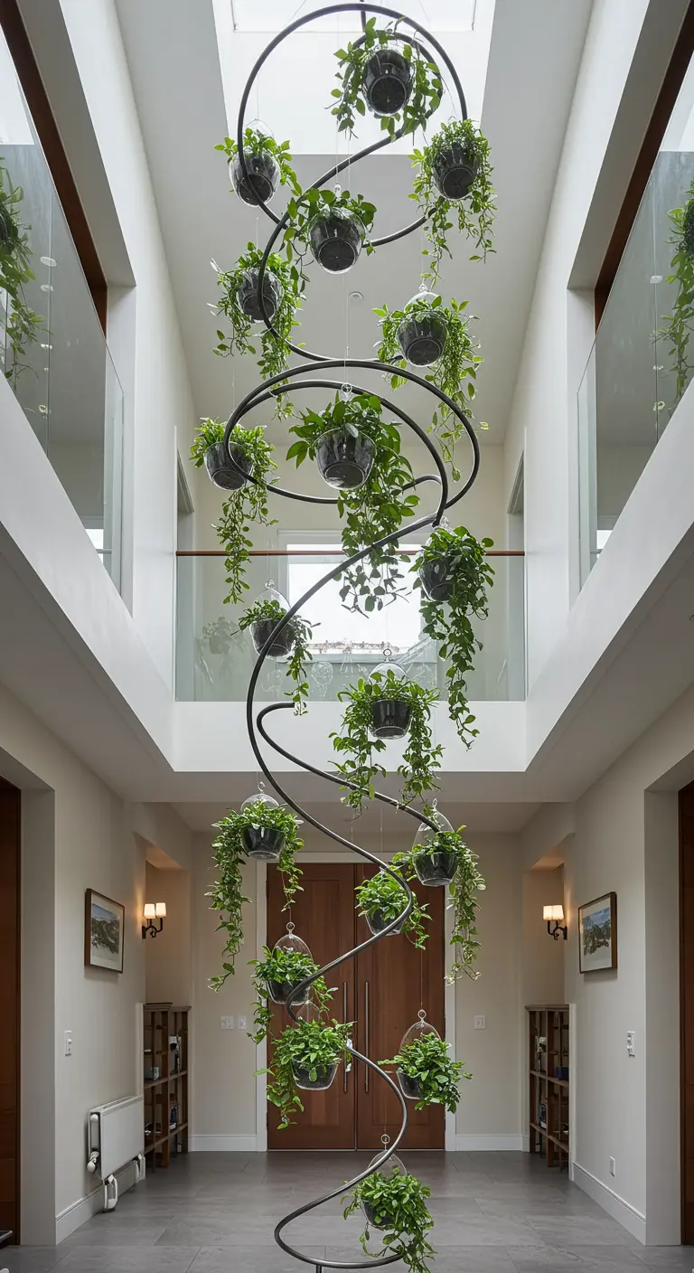Grande spirale métallique avec des pots de verre de plantes retombantes suspendue dans un hall avec puits de lumière.