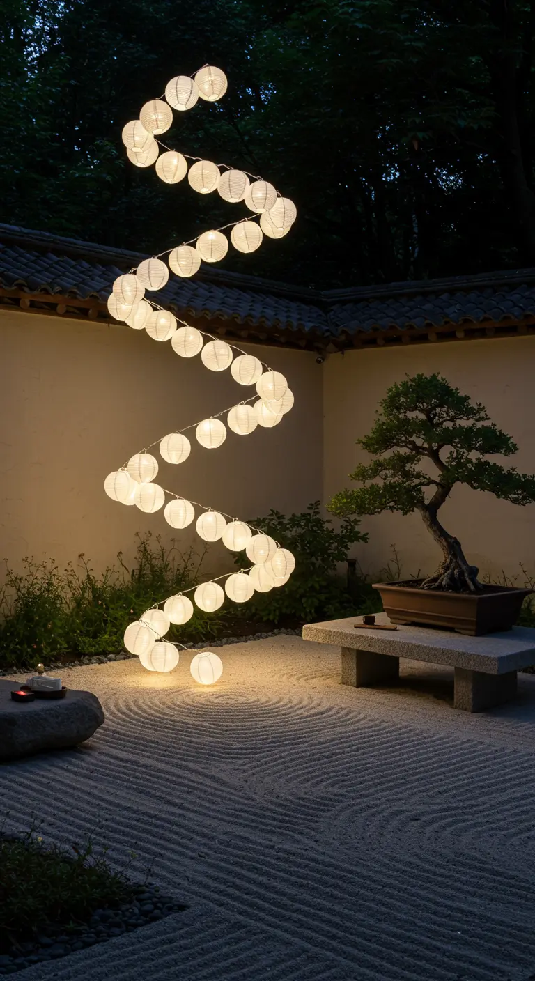 Jardin zen avec sculpture lumineuse en spirale de lampions blancs et bonsaï.
