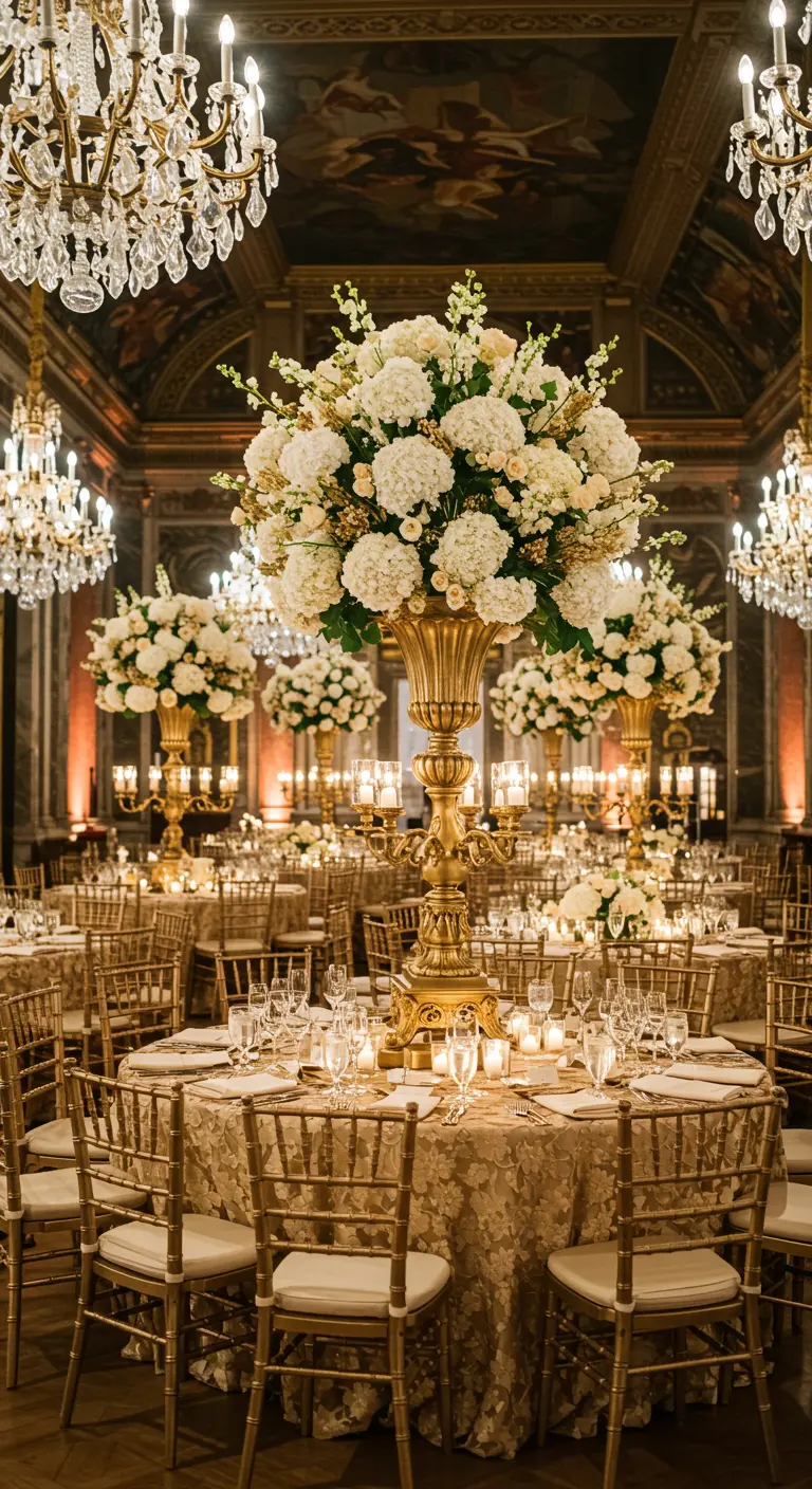 Salle de réception grandiose avec tables rondes ornées de centres de table floraux dorés massifs et multiples bougies.