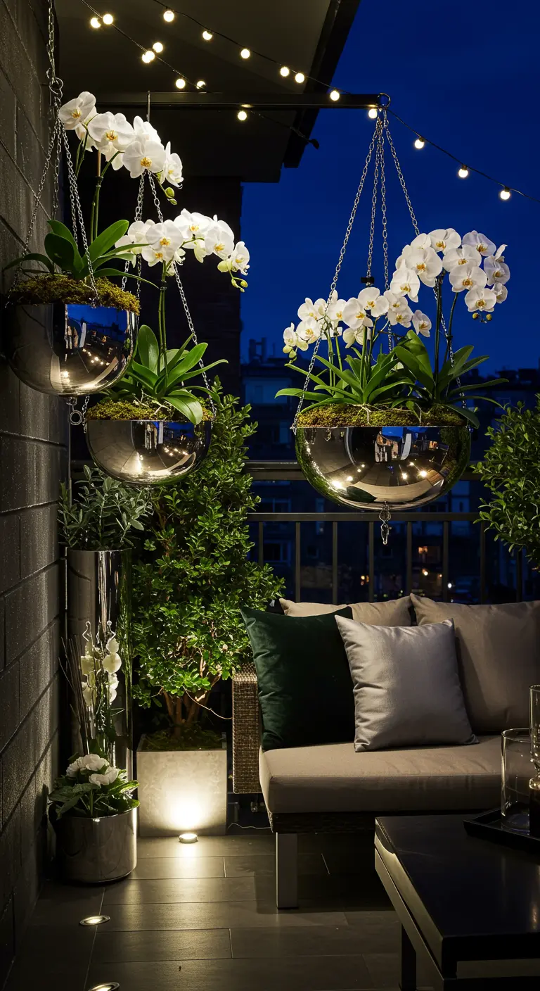 Balcon de nuit avec pots suspendus sphériques en miroir contenant des orchidées blanches