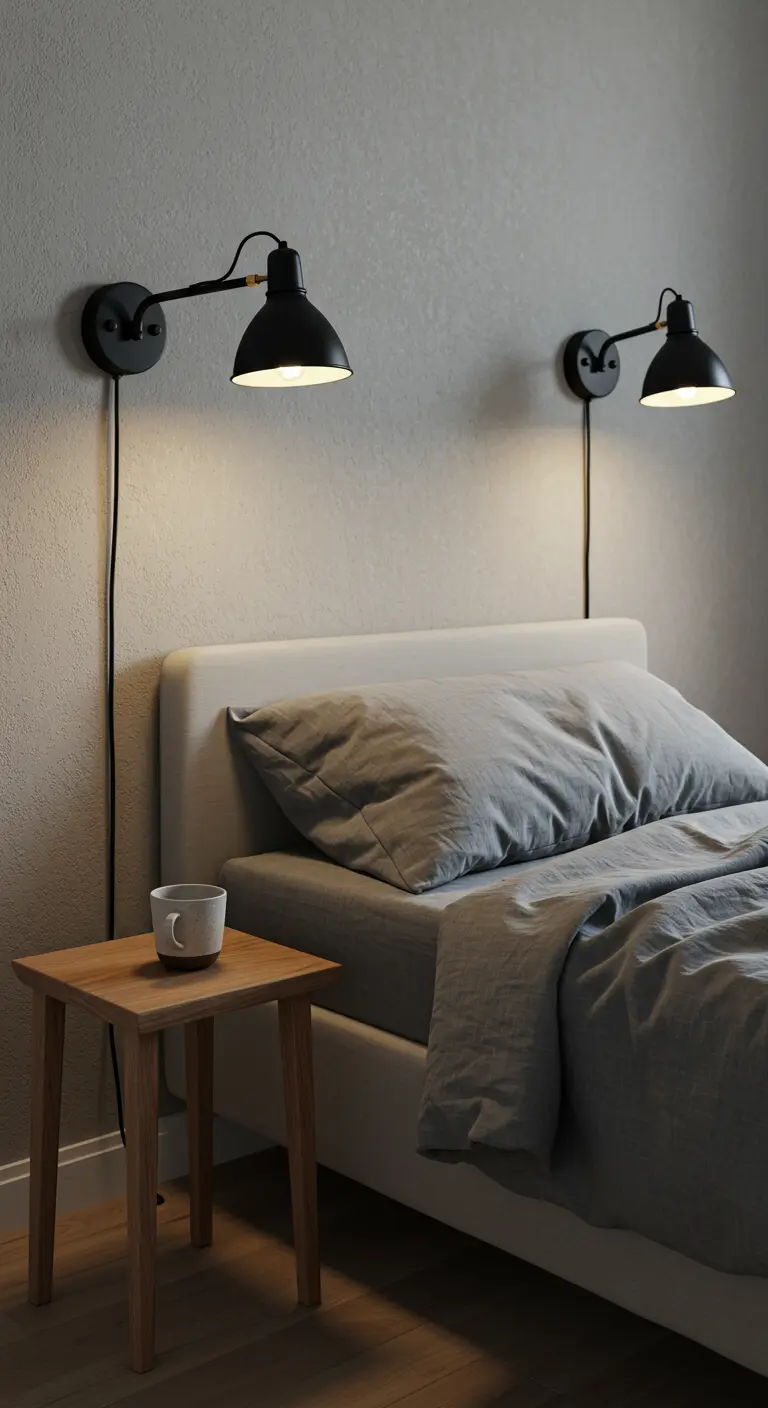 Deux appliques murales noires articulées éclairent chaque côté du lit minimaliste.