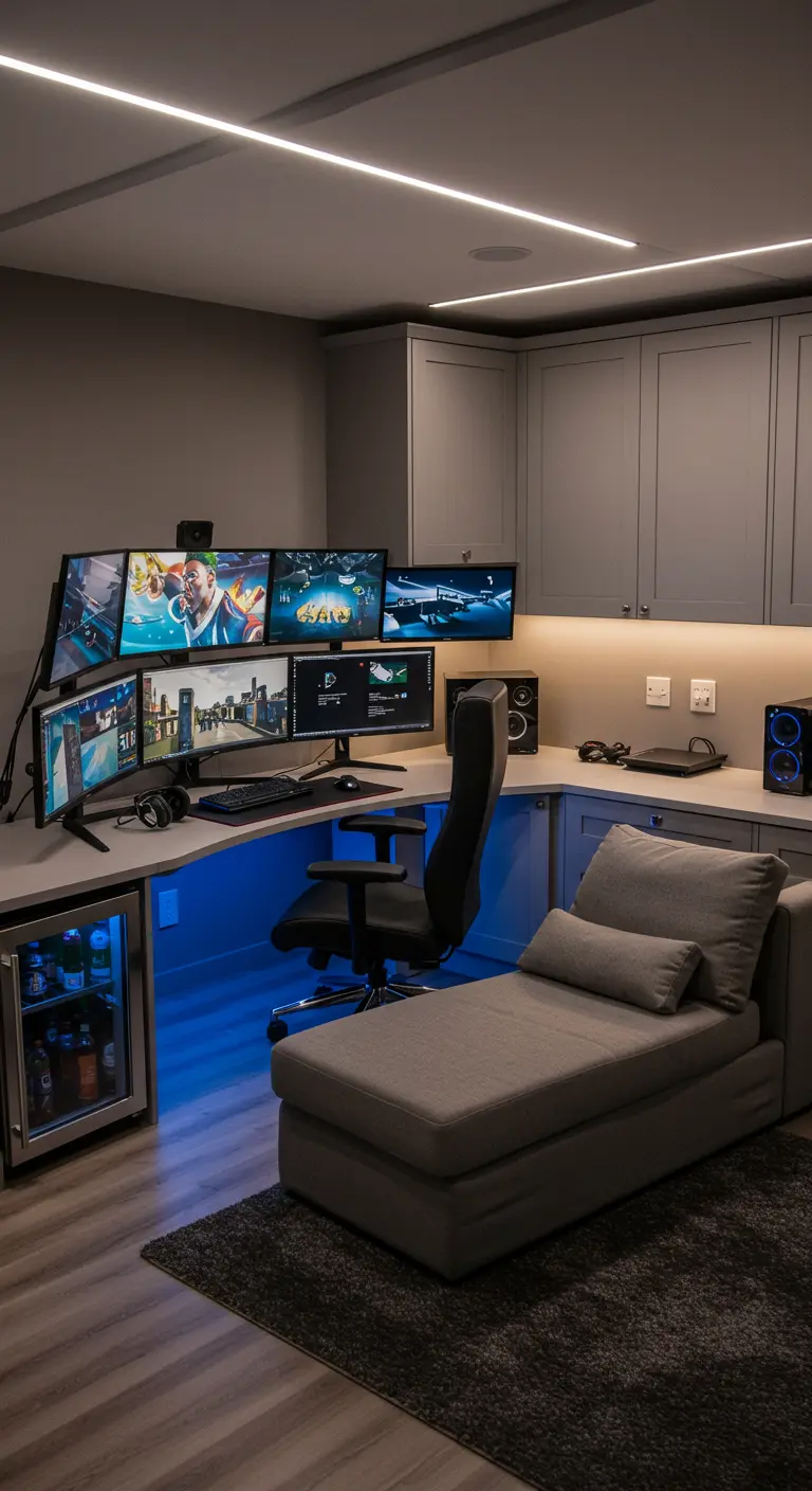 Station de gaming avec multiples écrans, éclairage LED bleu, mini-frigo et chaise longue.