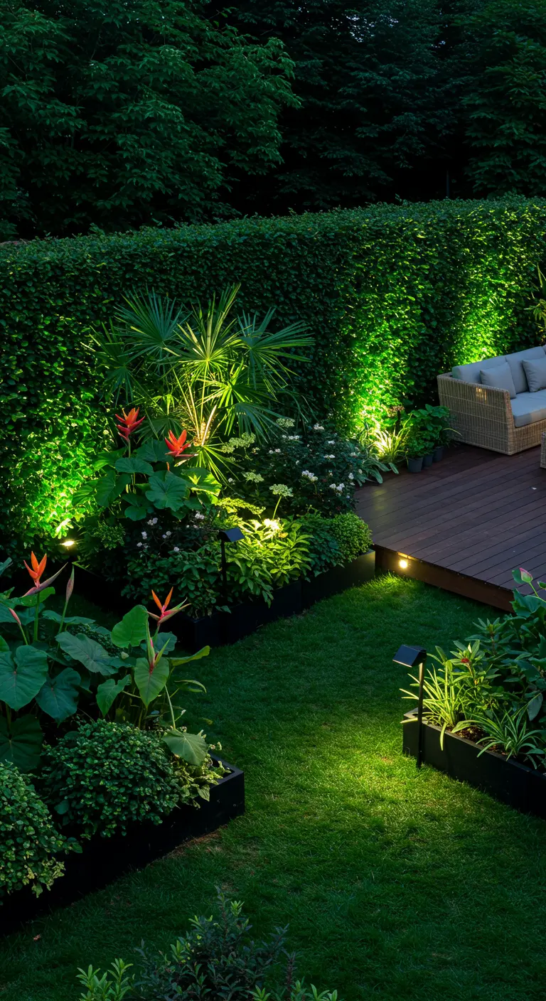 Jardin luxuriant avec des spots LED verts illuminant les plantes et une haie dense.