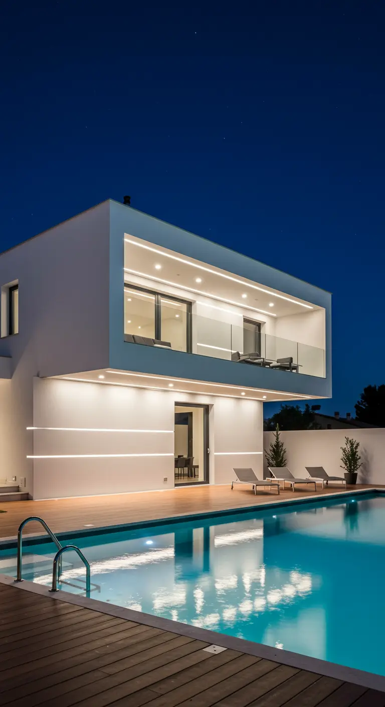 Maison blanche moderne avec piscine et éclairage LED intégré sous les balcons et le long des murs.