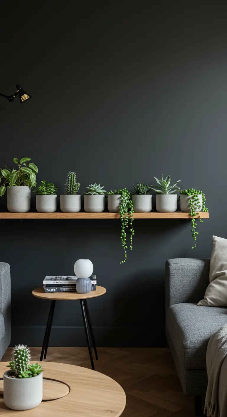 Succulentes et plantes retombantes dans des pots gris en béton sur une étagère en bois contre un mur noir.