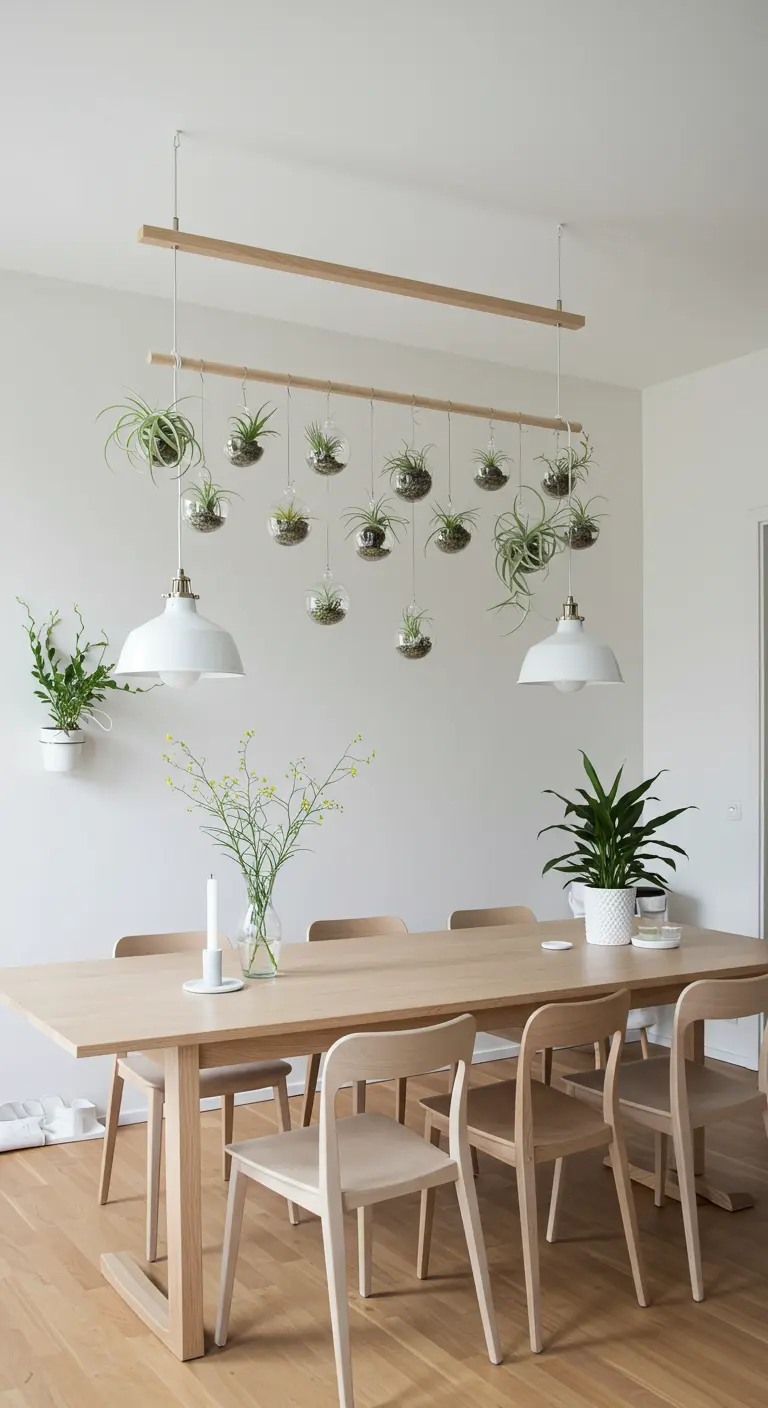 Plantes aériennes dans des globes de verre suspendus au-dessus d'une table à manger en bois clair.