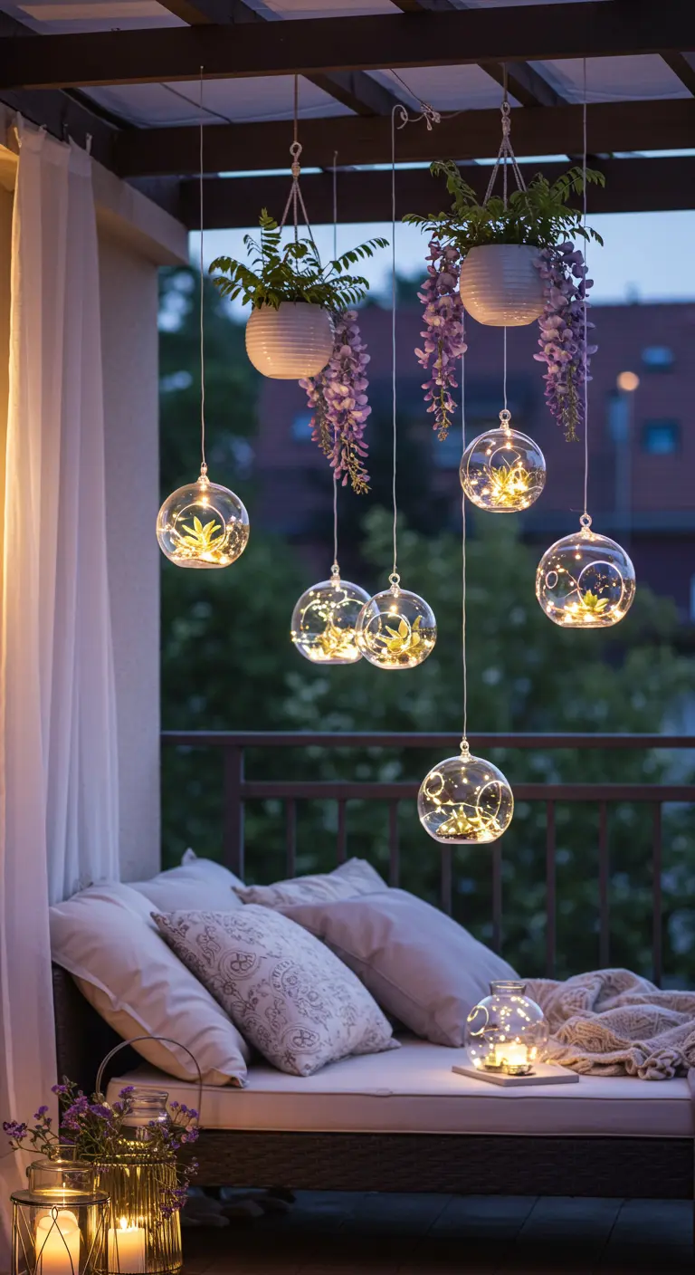 Balcon avec suspensions lumineuses florales en verre et guirlande, ambiance nocturne