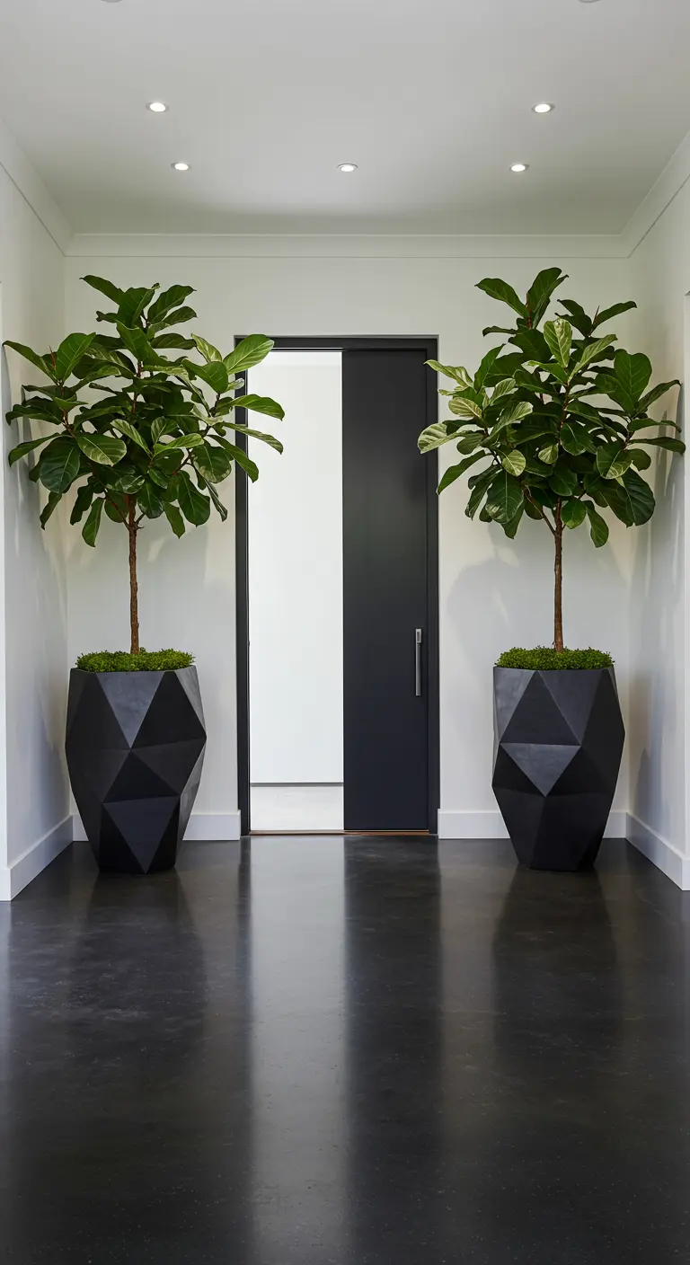 Couloir minimaliste avec deux grands pots géométriques noirs et deux Ficus Lyrata.