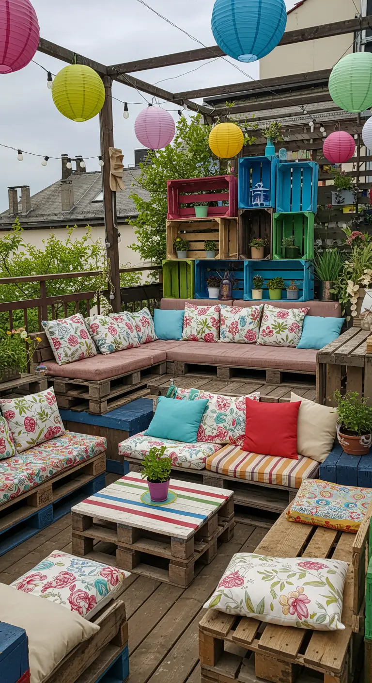 Salon de jardin palettes multicolores, coussins fleuris, caisses en bois murales colorées et lampions.
